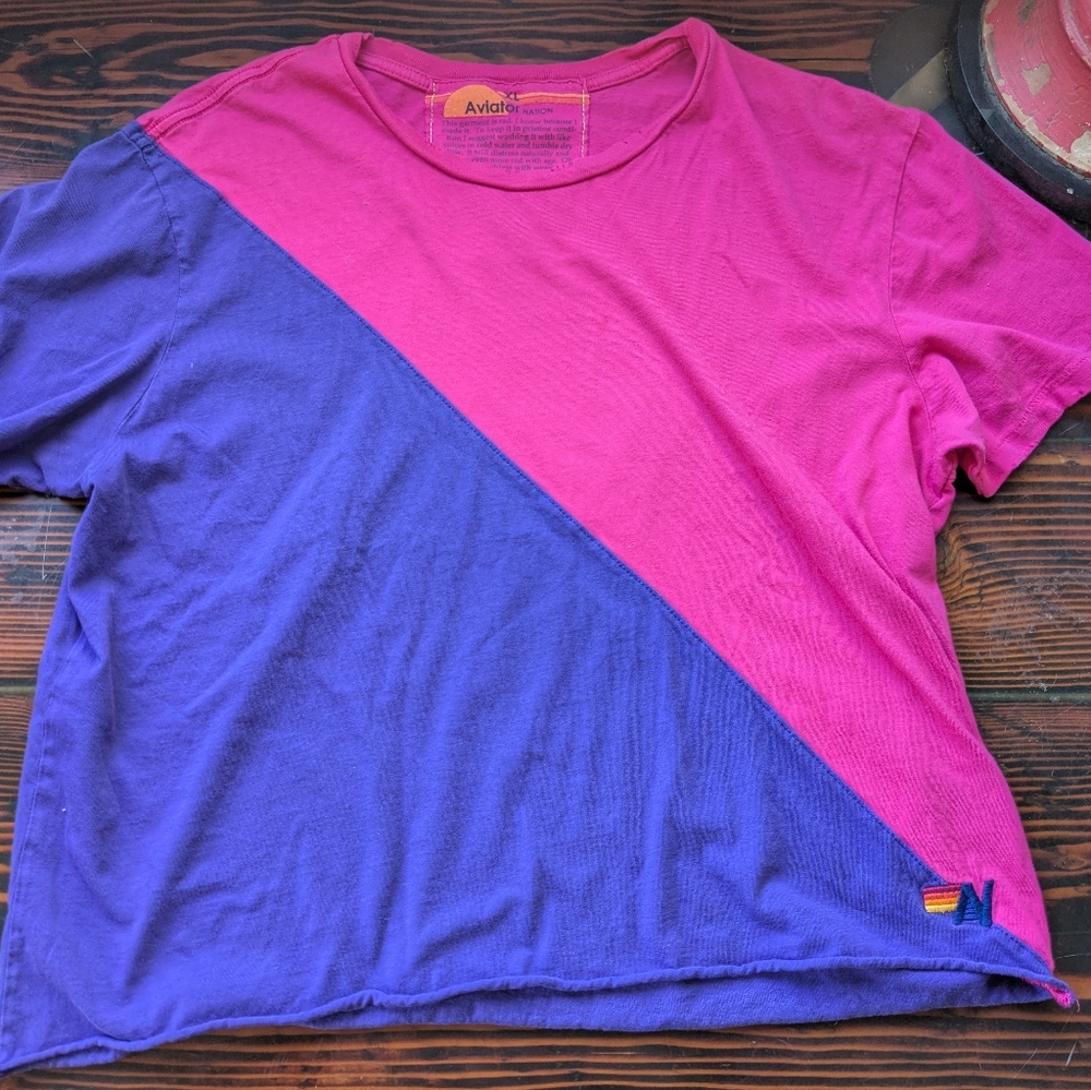 Aviator Nation Women’s Crop T-Shirt Purple Pink Colorblock Size XL Made in USA